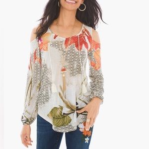 Chico’s Cold Shoulder Boho Floral Geometric Tassel Blouse Chico’s Size 1 = Small